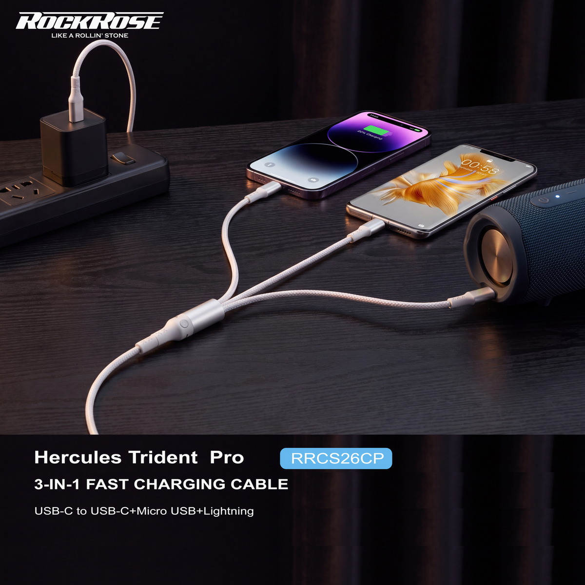 Rockrose Hercules Trident Pro RRCS26CP 3-in-1 cable charging multiple devices