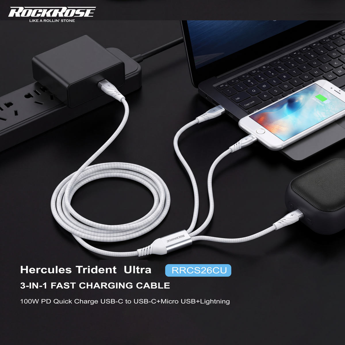 Rockrose Hercules Trident Ultra RRCS26CU 100W 3-in-1 cable charging multiple devices