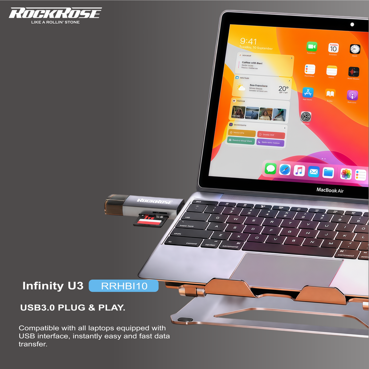 Rockrose Infinity U3 RRHBI10 card reader connected to a laptop