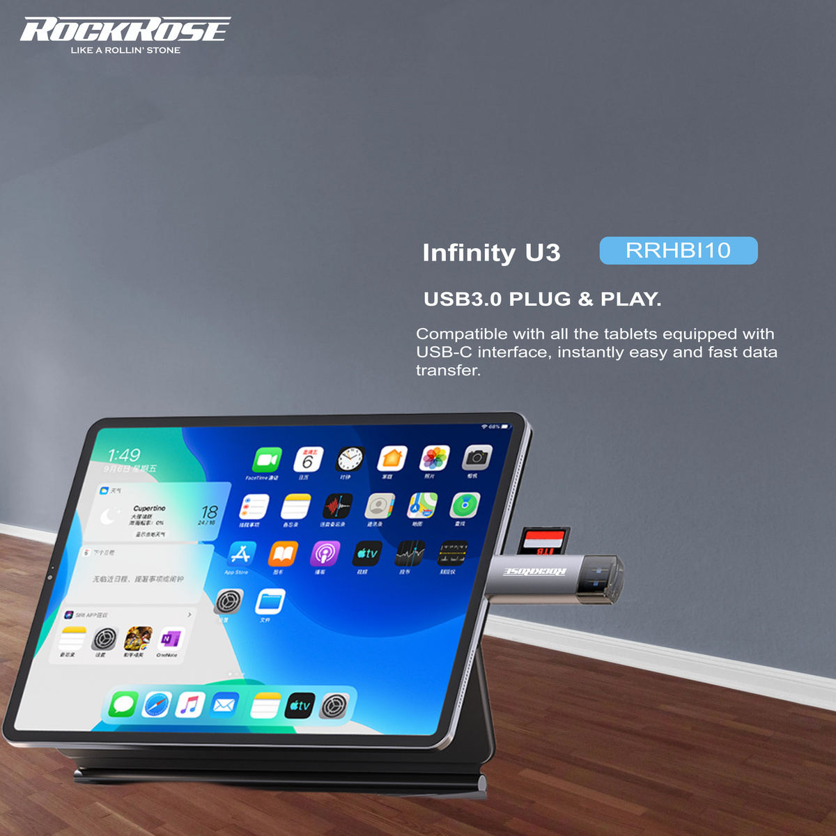 Rockrose Infinity U3 RRHBI10 card reader connected to a tablet