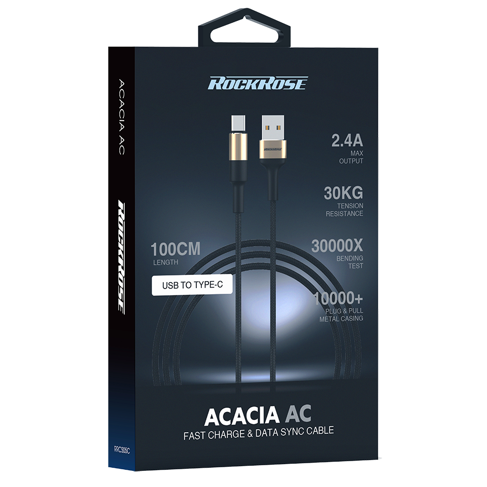 RockRose Acacia AC 1m 2.4A Nylon Braided USB-C Charge & Sync Cable